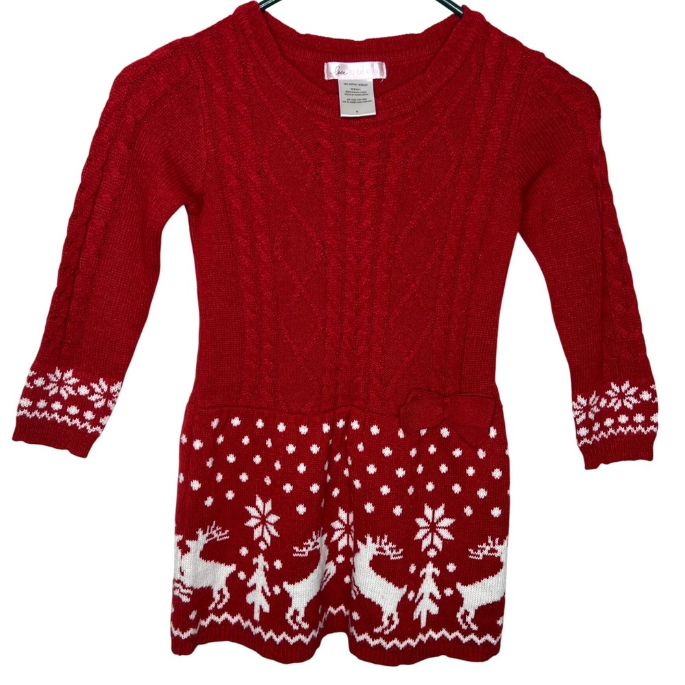 Love To Be Loved Girls Red Reindeer Snowflake Knit‎ Christmas Sweater Dress 6